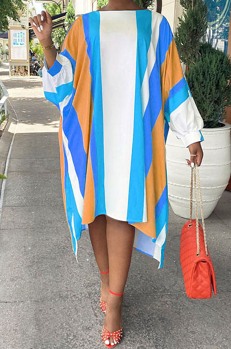 Blue Euramerican Women Positioning Strap Printing Long Sleeve Loose Midi Dress AYQ05014-3