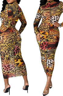 Leopard Print Sexy High Elastic Mesh Printing Long Sleeve Round Neck Boycon Dress SMR10236-4