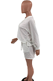 White Autumn Long Sleeve Round Collar Blouse Shorts Solid Color Sports Sets TD80061-2