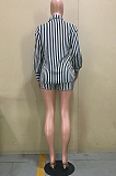 Black White Stripe Printing Lapel Neck Long Sleeve Singel-Breasted Shirts High Waist Shorts Casual Sets D8452