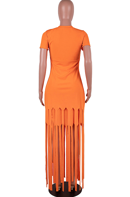 Neon Green Cotton Blend Eyelet Drawstring Short Sleeve Tassel Solid Colur T Shirt Dress SZS8057-5
