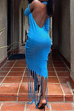 Sky Blue Trendy Tassel Backless Solid Color Long Dress AFM60028