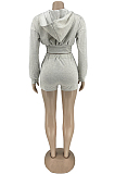 Grey Cotton Blend Long Sleeve Hoodie V Neck Whit Pocket Shorts Solid Colou Sports Sets ZNN9100-1
