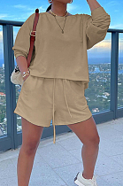 Beige Autumn Long Sleeve Round Collar Blouse Shorts Solid Color Sports Sets TD80061-1