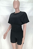 Black Cotton Blend Round Neck Short Sleeve Collcet Waist Blouse Shorts Two-Piece CL6056-5