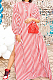 Red Stripe Print Long Sleeve O Collar Single-Breasted Shirt Slit Long Dress ZNN9103-2