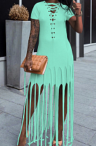 Lake Blue Cotton Blend Eyelet Drawstring Short Sleeve Tassel Solid Colur T Shirt Dress SZS8057-1