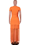 Lake Blue Cotton Blend Eyelet Drawstring Short Sleeve Tassel Solid Colur T Shirt Dress SZS8057-1