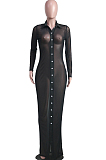 White Autumn New See-Througk Mesh Lapel Collar Long Sleeve Single-Breasted Sunscreen Shirt Dress SY8822-1