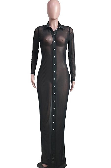 White Autumn New See-Througk Mesh Lapel Collar Long Sleeve Single-Breasted Sunscreen Shirt Dress SY8822-1