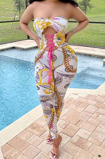 White Women Trendy Printing Strapless Tied Holow Out Bodycon Jumpsuits BYQ1006