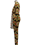 Blue Cotton Bledn Digital Printing Long Sleeve Deep V Collar Bodycon Jumpsuits SMR10285-2