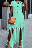 Neon Green Cotton Blend Eyelet Drawstring Short Sleeve Tassel Solid Colur T Shirt Dress SZS8057-5