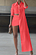 Rose Red Cotton Blend Irregularity Long Sleeve Laper Collar Shirt Shorts Solid Color Casual Sets TZ1205-3
