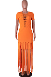 Lake Blue Cotton Blend Eyelet Drawstring Short Sleeve Tassel Solid Colur T Shirt Dress SZS8057-1