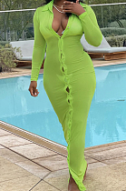 Green Autumn New See-Througk Mesh Lapel Collar Long Sleeve Single-Breasted Sunscreen Shirt Dress SY8822-4
