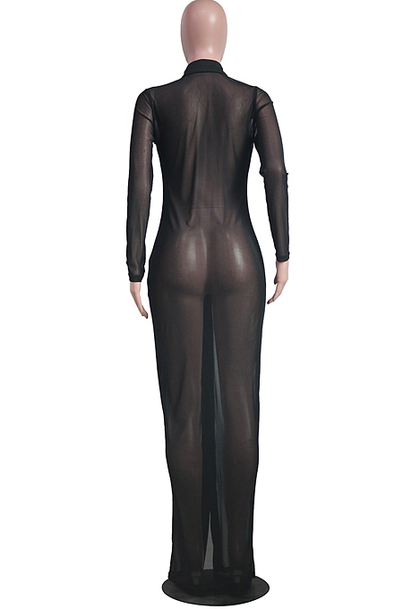 Black Autumn New See-Througk Mesh Lapel Collar Long Sleeve Single-Breasted Sunscreen Shirt Dress SY8822-2