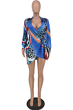 Blue Cute Women Leopard Print Long Sleeve V Neck Bandage Mini Dress ZNN9094-1