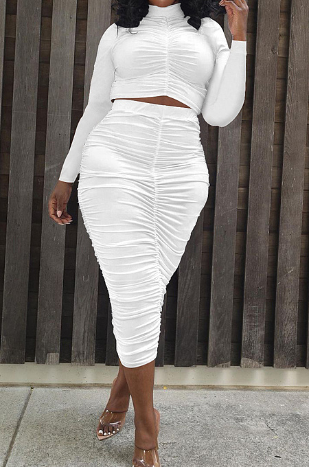 Red Elastic Ruffle Long Sleeve Half High Neck Blouse High Waist Long Skirts Pure Color Two-Piece YYF8235-3