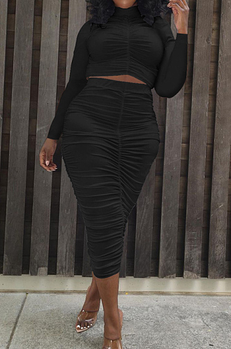 White Elastic Ruffle Long Sleeve Half High Neck Blouse High Waist Long Skirts Pure Color Two-Piece YYF8235-1