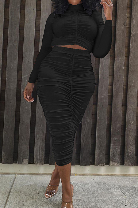 White Elastic Ruffle Long Sleeve Half High Neck Blouse High Waist Long Skirts Pure Color Two-Piece YYF8235-1
