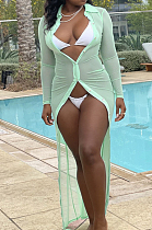 Light Green Autumn New See-Througk Mesh Lapel Collar Long Sleeve Single-Breasted Sunscreen Shirt Dress SY8822-3