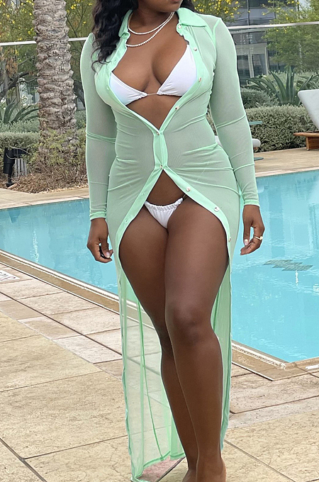 Light Green Autumn New See-Througk Mesh Lapel Collar Long Sleeve Single-Breasted Sunscreen Shirt Dress SY8822-3