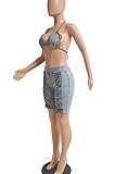 Light Blue Elastic Force Jeans Shorts Zipper Condole Belt Strapless Tank Shorts Sets CN0093