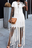 Lake Blue Cotton Blend Eyelet Drawstring Short Sleeve Tassel Solid Colur T Shirt Dress SZS8057-1