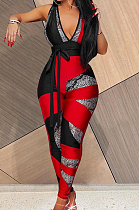 Red Digital Printing Spliced Halter Neck Deep V Collar Sleeveless Bowknot Sexy Bodycon Jumpsuits SZS8025-1