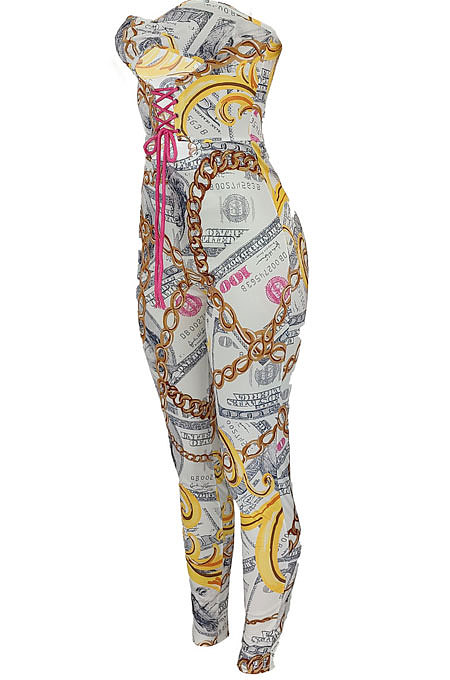 White Women Trendy Printing Strapless Tied Holow Out Bodycon Jumpsuits BYQ1006