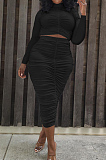 Red Elastic Ruffle Long Sleeve Half High Neck Blouse High Waist Long Skirts Pure Color Two-Piece YYF8235-3