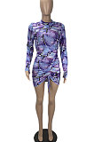 Purple Women Printing Pattern Shirred Detail Tight Long Sleeve Mini Dress KXL851-1