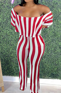Red Stripe Print Flounce A Word Shoulder Casual Wide Leg Jumpsuits ZNN9102-1