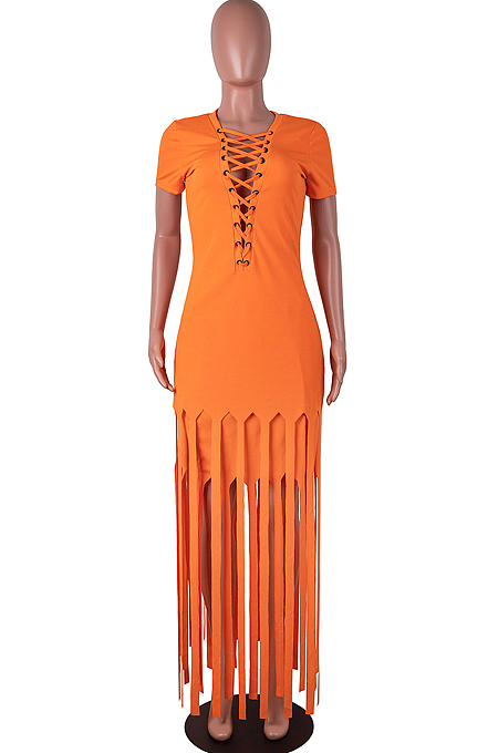 Neon Green Cotton Blend Eyelet Drawstring Short Sleeve Tassel Solid Colur T Shirt Dress SZS8057-5
