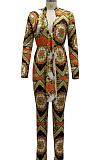 Blue Cotton Bledn Digital Printing Long Sleeve Deep V Collar Bodycon Jumpsuits SMR10285-2