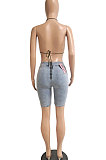 Light Blue Elastic Force Jeans Shorts Zipper Condole Belt Strapless Tank Shorts Sets CN0093