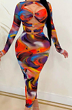 Colorful Printing Hollow Out Long Sleeve Bodycon Sexy Long Dress OMM60059