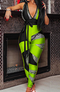 Neon Green Digital Printing Spliced Halter Neck Deep V Collar Sleeveless Bowknot Sexy Bodycon Jumpsuits SZS8025-4