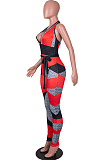 Neon Green Digital Printing Spliced Halter Neck Deep V Collar Sleeveless Bowknot Sexy Bodycon Jumpsuits SZS8025-4