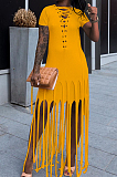 Neon Green Cotton Blend Eyelet Drawstring Short Sleeve Tassel Solid Colur T Shirt Dress SZS8057-5