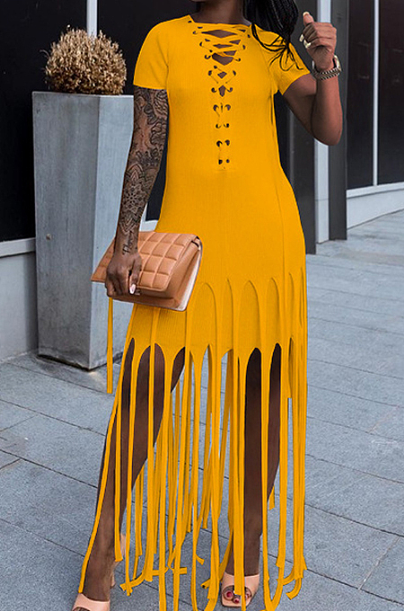 Neon Green Cotton Blend Eyelet Drawstring Short Sleeve Tassel Solid Colur T Shirt Dress SZS8057-5