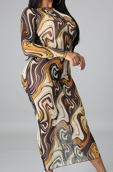 Leopard Print Sexy High Elastic Mesh Printing Long Sleeve Round Neck Boycon Dress SMR10236-4