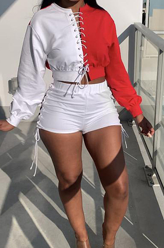 Red Spliced Eyelet Bandage Long Sleeve O Collar Blouse Shorts Two-Piece BBN188-1