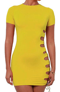 Yellow Women Round Neck Short Sleeve Solid Color Fashion Bandage Tight Mini Dress GB1003-2