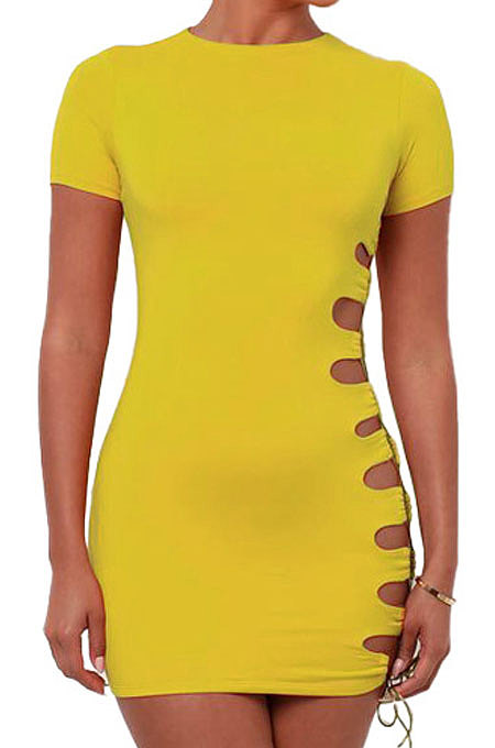 Yellow Women Round Neck Short Sleeve Solid Color Fashion Bandage Tight Mini Dress GB1003-2