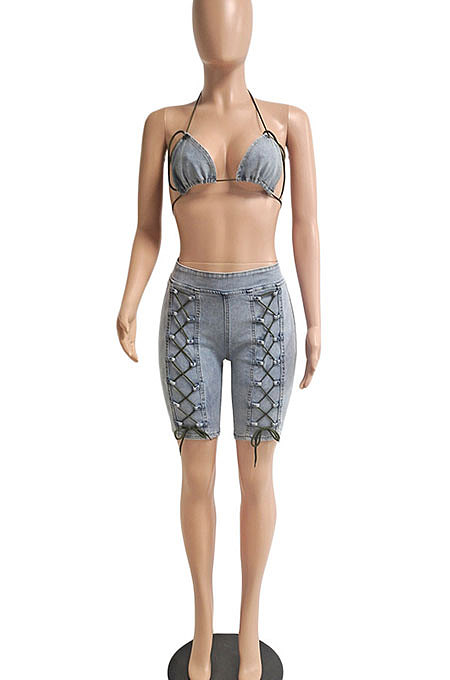 Light Blue Elastic Force Jeans Shorts Zipper Condole Belt Strapless Tank Shorts Sets CN0093