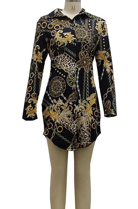Black Digital Printing Long Sleeve Lapel Neck Single-Breasted Slim Fitting Shirt Dress SMR10186-1