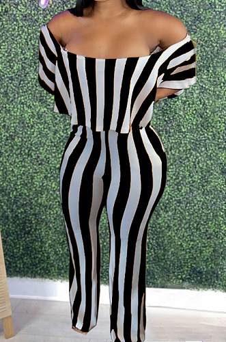 Orange Stripe Print Flounce A Word Shoulder Casual Wide Leg Jumpsuits ZNN9102-4