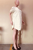 Apricot Casual Round Neck Short Sleeve Drawstring Loose Mini Dress D8453